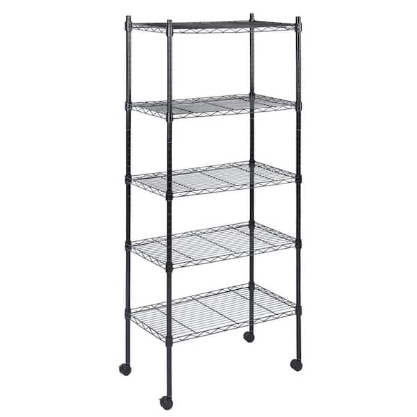 Heavy Duty 5-Tier Shelving Units Adjustable, Wire Shelf 1000 lbs. Capacity, Wheels Leveling Feet, Black