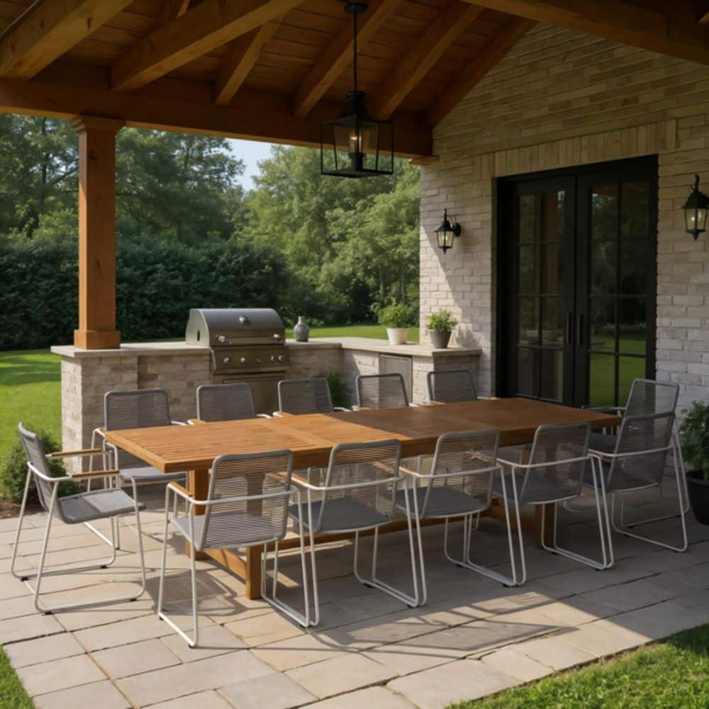Tigris 13-Piece Teak Finish Wood Outdoor Rectangular Extendable Dining Set