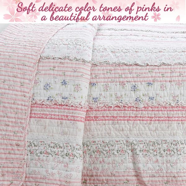 Postage I complain lanthanum Cozy Line Home Fashions Pink Rose Peonies Flower Garden Lace Ruffle Stripe  Shabby Chic 2-Piece Pink Cotton Twin Quilt Bedding Set BB01005367AT - The  Home Depot