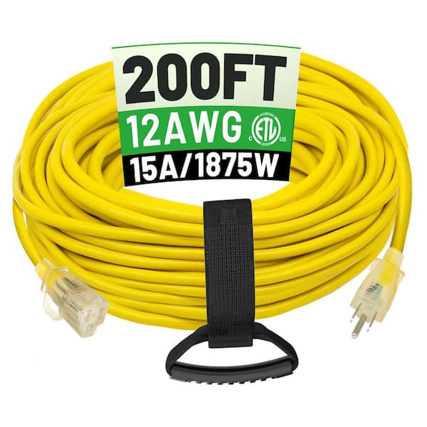 200 ft. 1875W 12-Gauge 1-Conductor SJTW Heavy Duty Outdoor Extension Cord Waterproof Lighted End Yellow Flexible