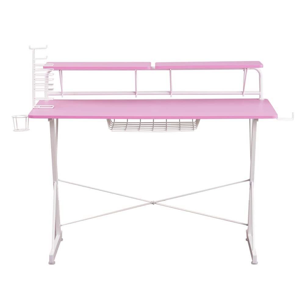 Techni Sport Dual Monitor Carbon Fiber Gaming Desk with Cup Holder - Pink