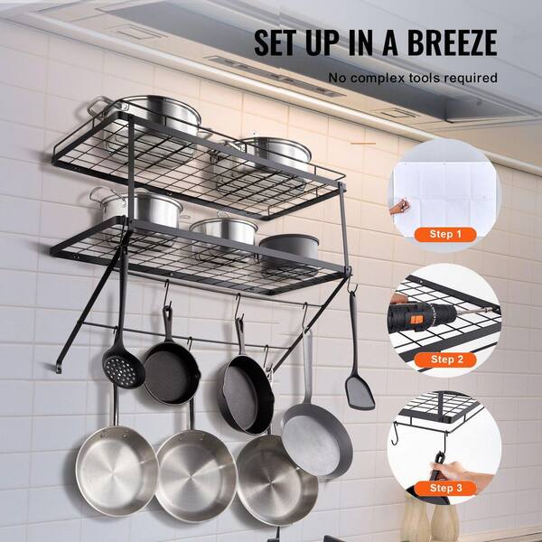 Numhew 30 in. Black Wall Mounted Pot Rack with 12 S Hooks, 2-Tier Pot ...