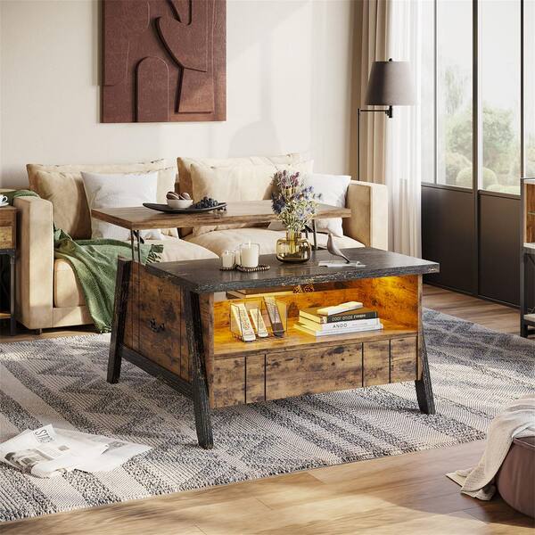 Bestier 35.43 in. Rustic Brown Lift Top Coffee Table with LED Light Drawer and Cable Management Hole L300309B RST The Home Depot