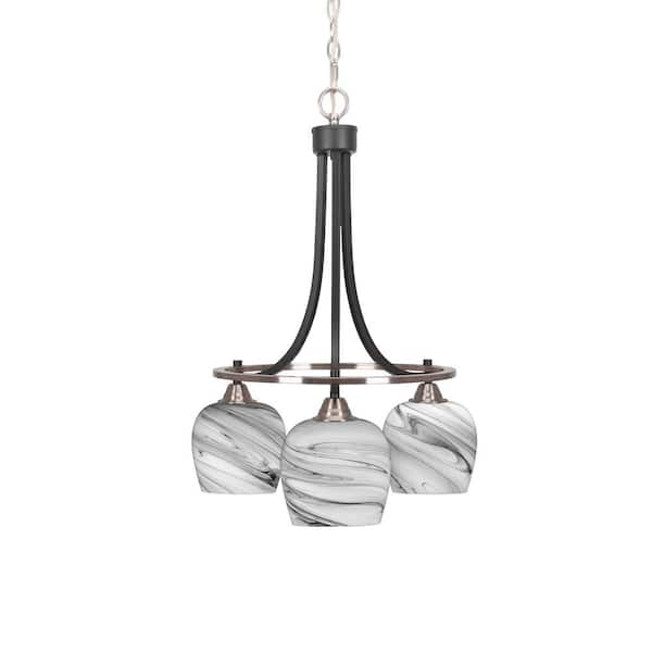 Unbranded Madison 3-Light Matte Black and Brushed Nickel Round Chandelier with 6 in. Onyx Swirl Glass Shades, No bulbs included