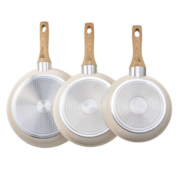 3-Piece Beige Aluminum Nonstick Frying Pan Set with Heat-Resistant Handle, Oven Safe, for All Cooktops