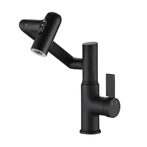 Single Handle Single Hole 360-Degree Rotary Bathroom Faucet with Anti-Skid Switch and Temperature Display in Matte Black