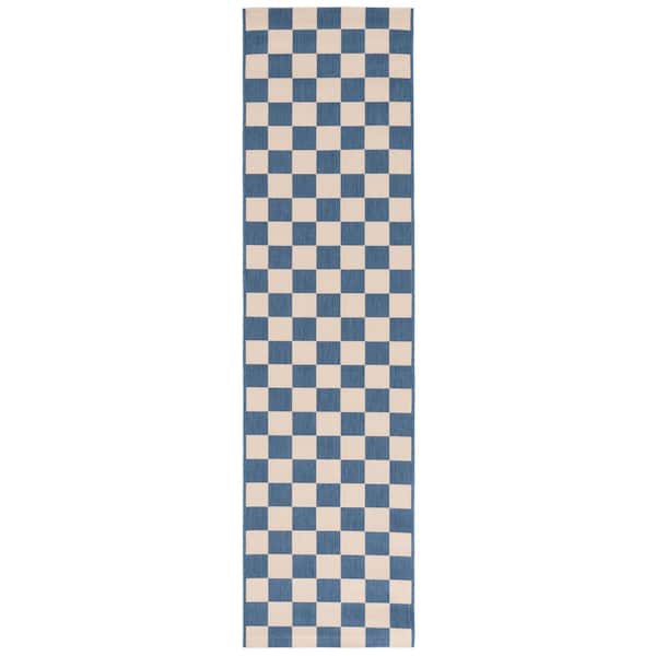 Courtyard 2 ft. x 8 ft. Blue/Beige Checkered Indoor/Outdoor Runner Rug