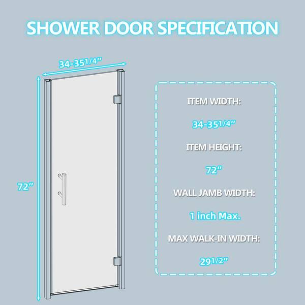 Zeafive 34 to 35-1/4 in. W x 72 in. H Frameless Pivot Swing Shower