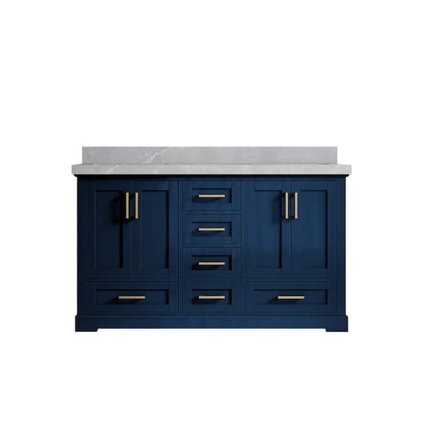 Willow Collections Boston 60 in. W x 22 in. D x 36 in. H Double Sink Bath Vanity in Navy Blue with 2 in. Pearl Gray Qt. Top