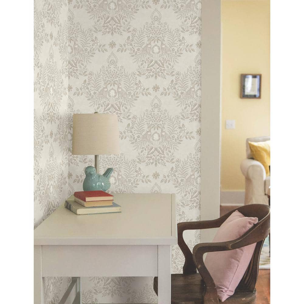 Wicker Beige Damask Peel & Stick Wallpaper with Rabbit Design