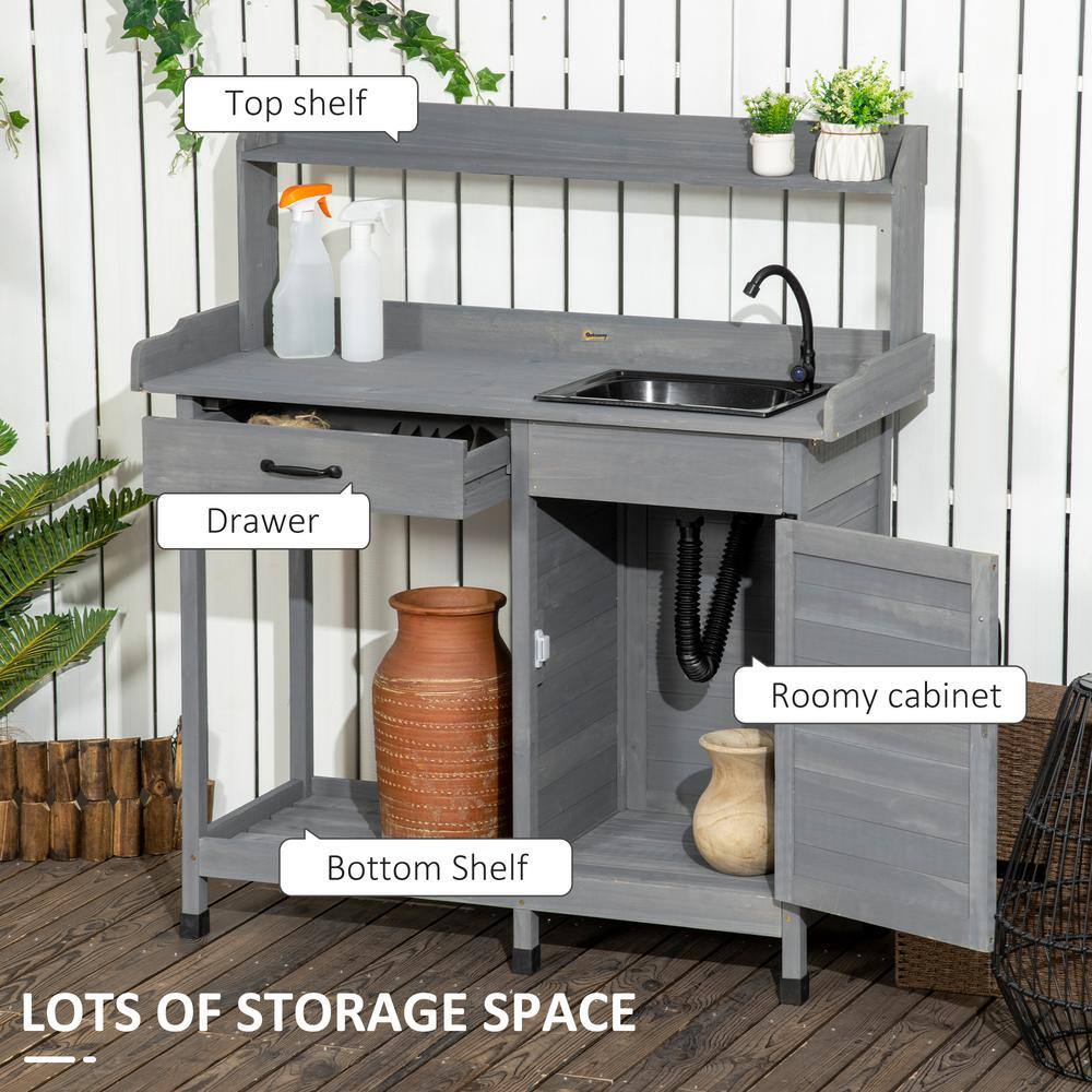 Gray Wooden Outdoor Potting Bench with Sink and Storage