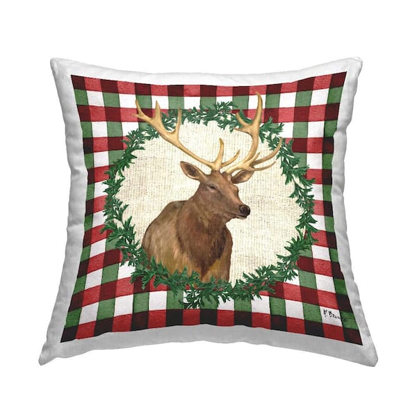 Plaid Holiday Elk Red Plaid Polyester 18 in. X 18in. Throw Pillow