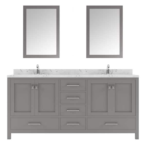 Virtu USA Caroline Avenue 72 in. W x 22 in. D x 35 in. H Double Sink Bath Vanity in Cashmere Gray with Quartz Top and Mirror
