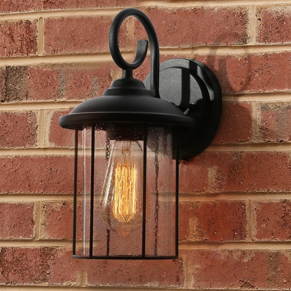 Uolfin 12.5 in. 1-Light Black Industrial Patio Outdoor Wall Lantern Sconce Light with Clear Seeded Glass