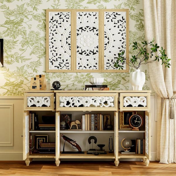 Light Oak 35.4 in. Accent Storage Cabinet with 6 Shelves and Decorative Floral Carved Doors, Matching Wall Art Panel