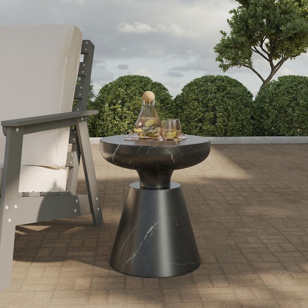 Leisuremod Isle Modern Round Side Table in Fiberstone Accent Table with Pedestal Base for Indoor and Outdoor in Marbled Black