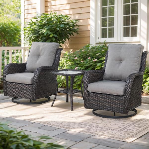 3-Piece Patio Brown Wicker Outdoor Chat Sets with Gray Olefin Cushions and Matching Side Table