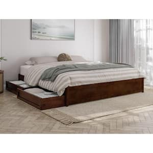 Barcelona Walnut Brown Solid Wood Frame King Panel Platform Bed with Storage Drawers