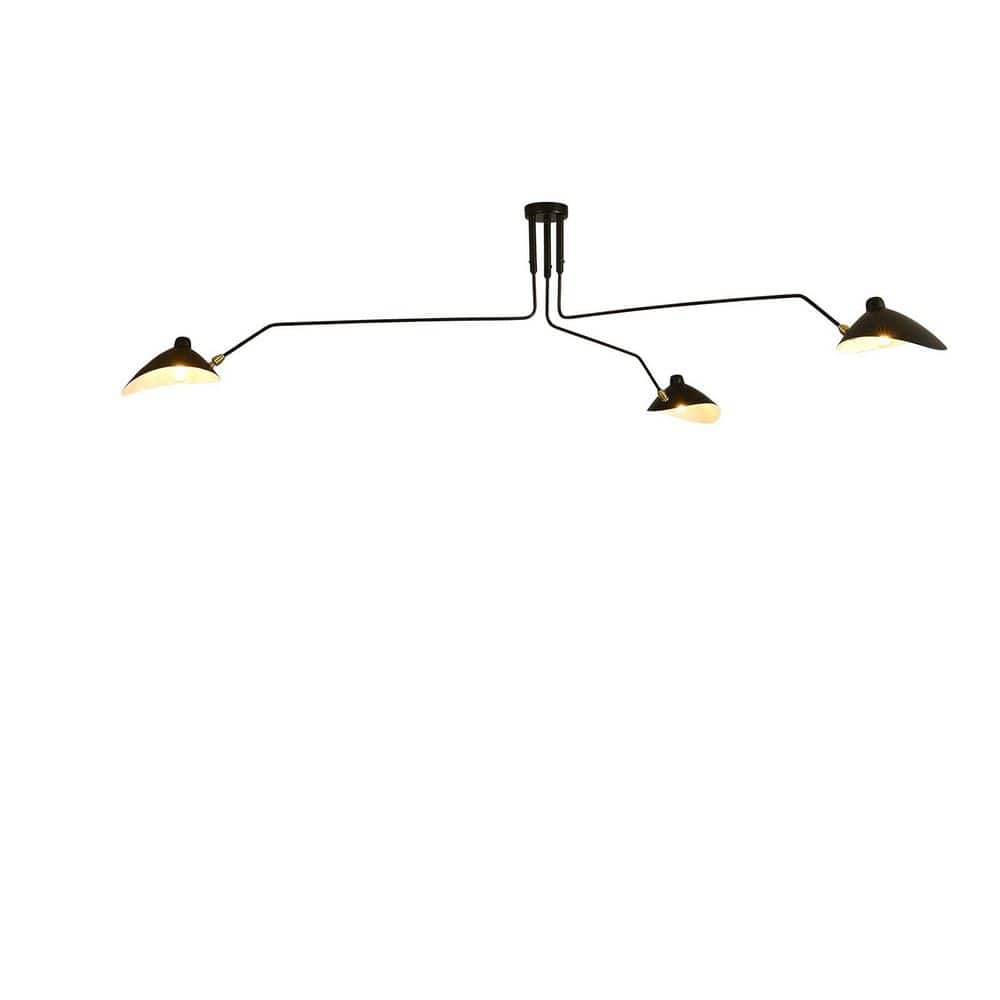 3 Light Black Mid-Century Modern Chandelier with Adjustable 3 Arm Large Pen