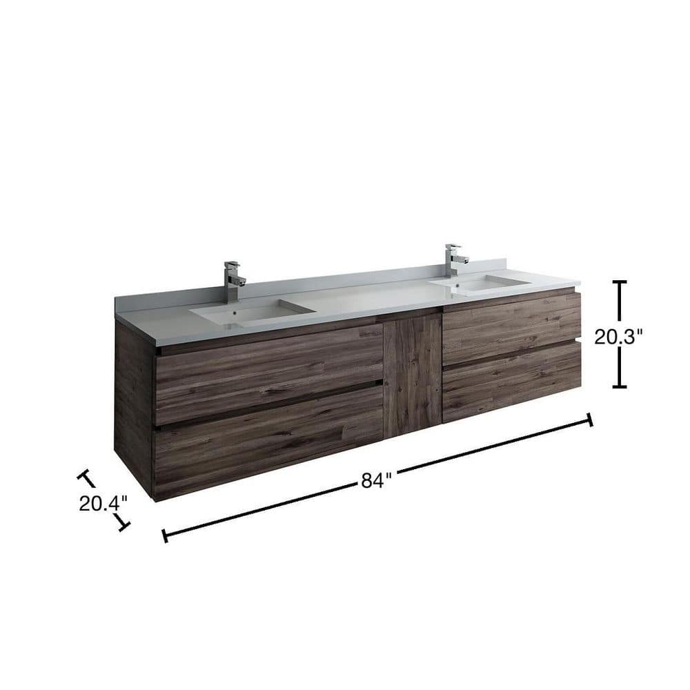 Formosa 84" Acacia Wood Wall-Mounted Double Sink Vanity with Quartz Top