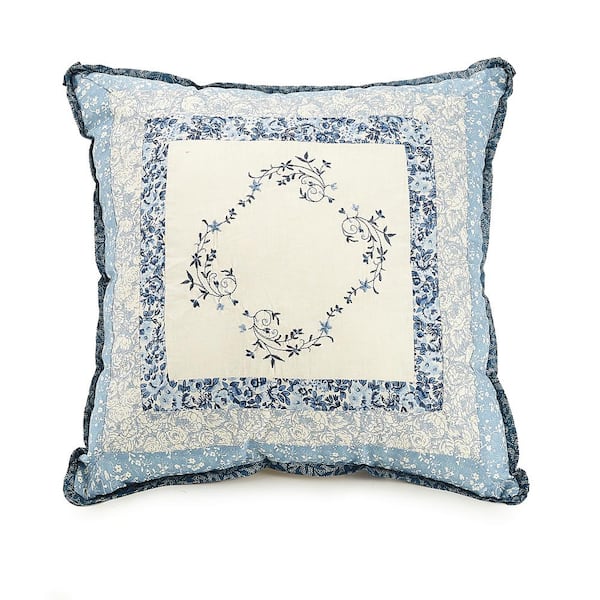 MODERN HEIRLOOM Charlotte Blue Embroidered Square 16 in. x 16 in. Decorative Pillow
