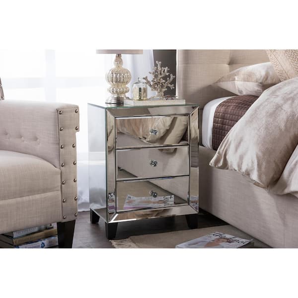 Baxton Studio Chevron 3 Drawer Silver Mirrored Nightstand 28862