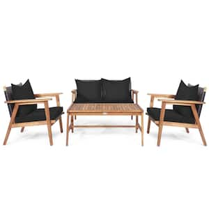 4-Piece Wicker Patio Conversation Set Wooden Cushioned Sofa with Black & Turquoise Cover