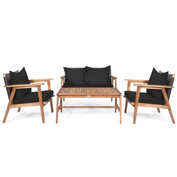 Costway 4-Piece Wicker Patio Conversation Set Wooden Cushioned Sofa with Black & Turquoise Cover