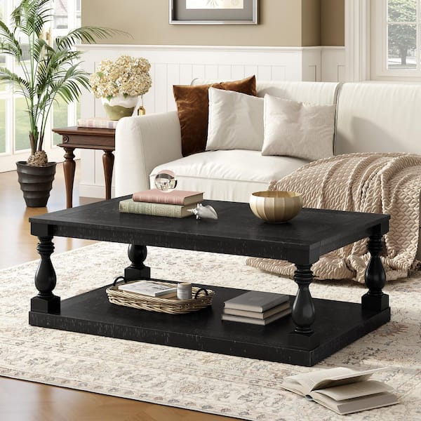 Rustic 45.2 in. Black Rectangle Solid Wood Coffee Table with Storage Shelf, Artistic Vase Column Legs