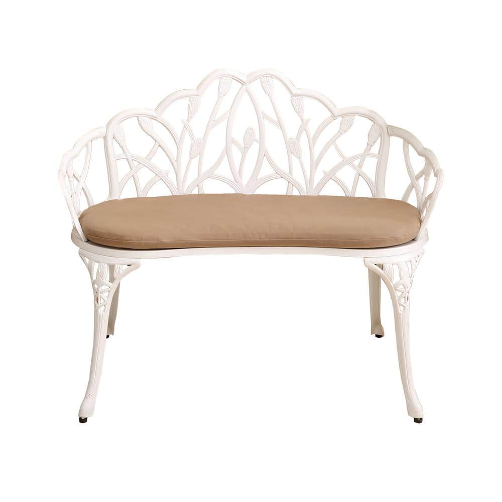 2-Person White Rust-Resistant Aluminum Outdoor Bench with Tan Cushion for P