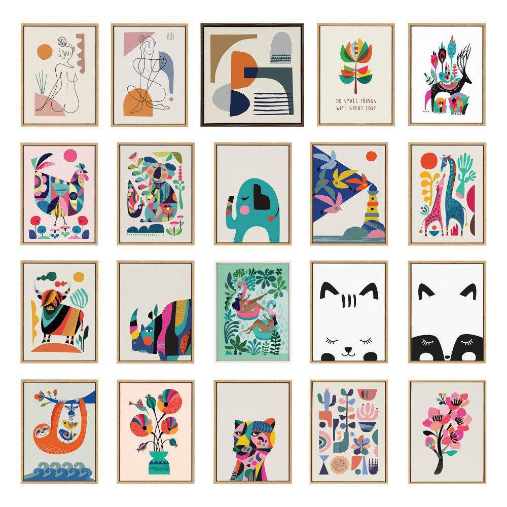 Natural Mid-Century Modern Cat Print Canvas Wall Art Set