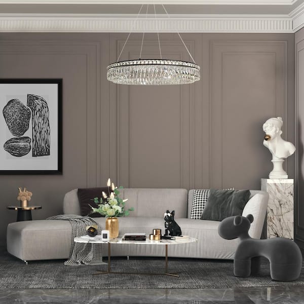 1-Light Integrated LED Flat Black Crystal Wagon Wheel Chandelier for Living Room