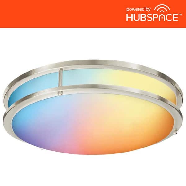 Commercial Electric 16 in. Smart Round RGB Color Selectable LED Brushed Nickel Flush Mount Powered by Hubspace