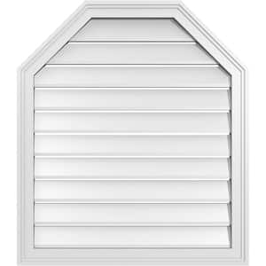 28 in. x 32 in. Octagonal Top Surface Mount PVC Gable Vent: Functional with Brickmould Frame
