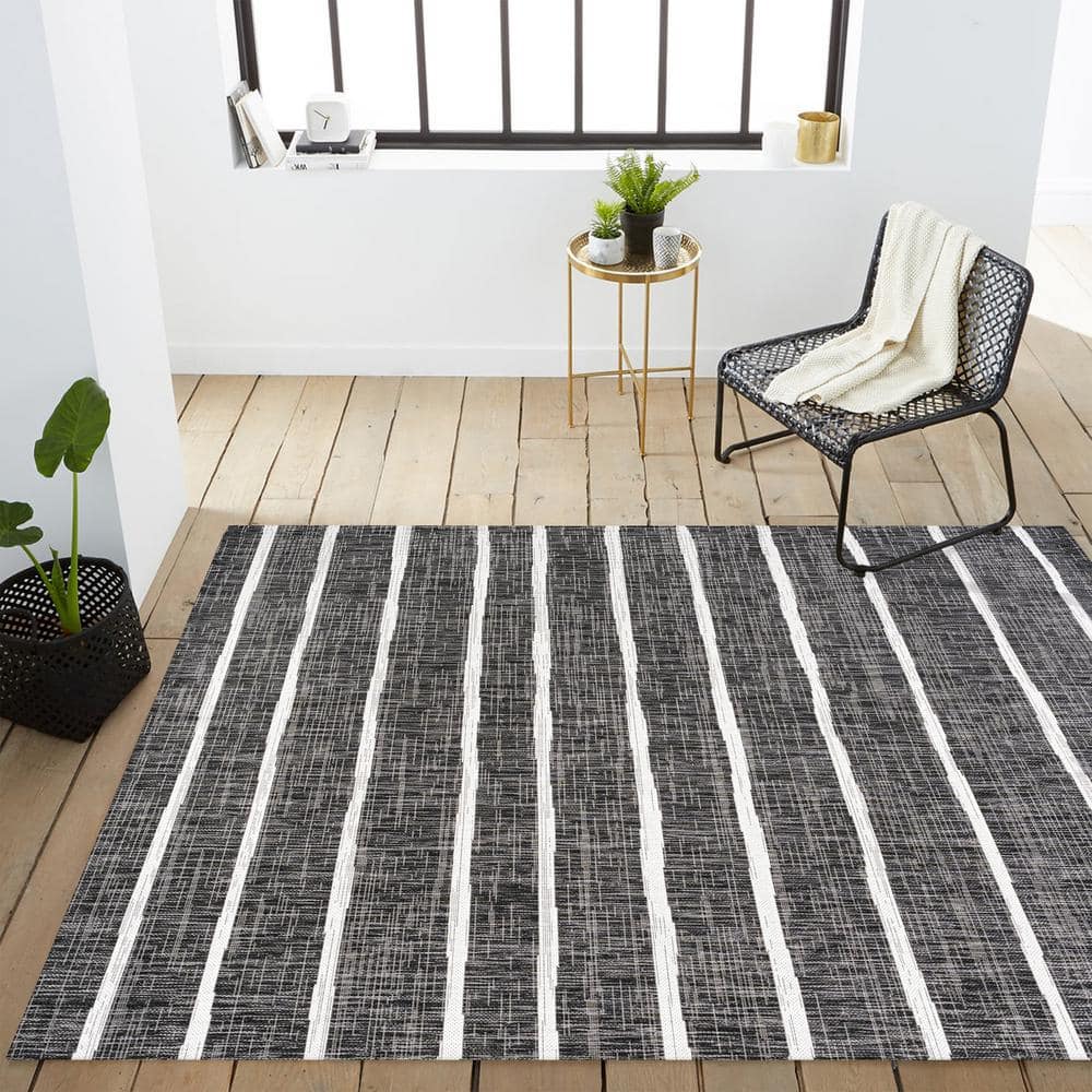 3' x 5' Black and Ivory Synthetic Stripe Rectangular Rug
