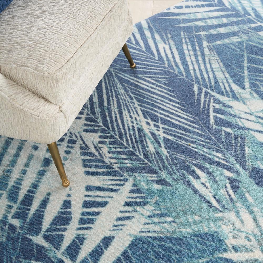 Navy Blue Tropical Leaf Pattern Indoor/Outdoor Rug, 10' x 13'