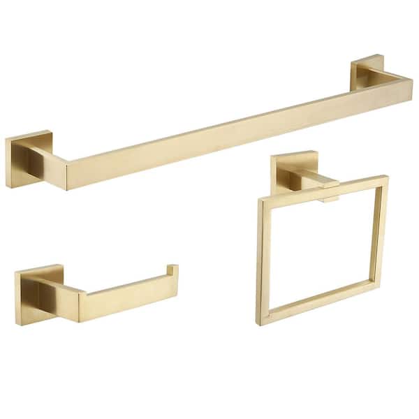 3-Piece Bath Hardware Set Bathroom with towel bar for bathroom wall Toilet Paper Holder and Towel Ring in Brushed Gold