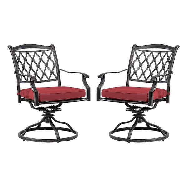 Mondawe Cast Aluminum Outdoor Dining Chair Diamond-Mesh Backrest 360 Degrees Swivel Chairs with Red Cushions (Set of 2)