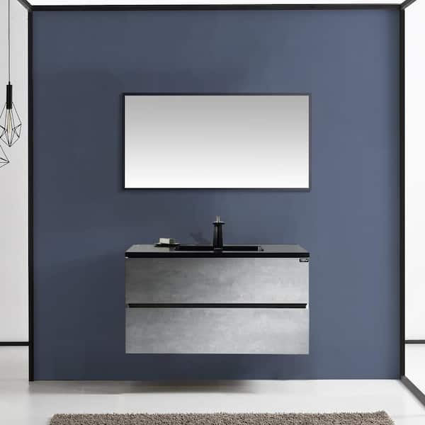 Satico 19 in. D x 20 in. H Wall-Mounted Bathroom Vanity in Cement Gray Panel with Matt Black Quartz Vanity Top with Sink