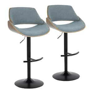 Fabrizzi 33 in. Blue Fabric, Walnut Wood and Black Metal Adjustable Bar Stool with Rounded T Footrest (Set of 2)