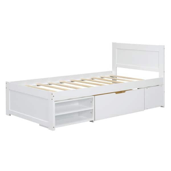 Antique White Wood Frame Twin Size Platform Bed with Drawer and 2-Shelves