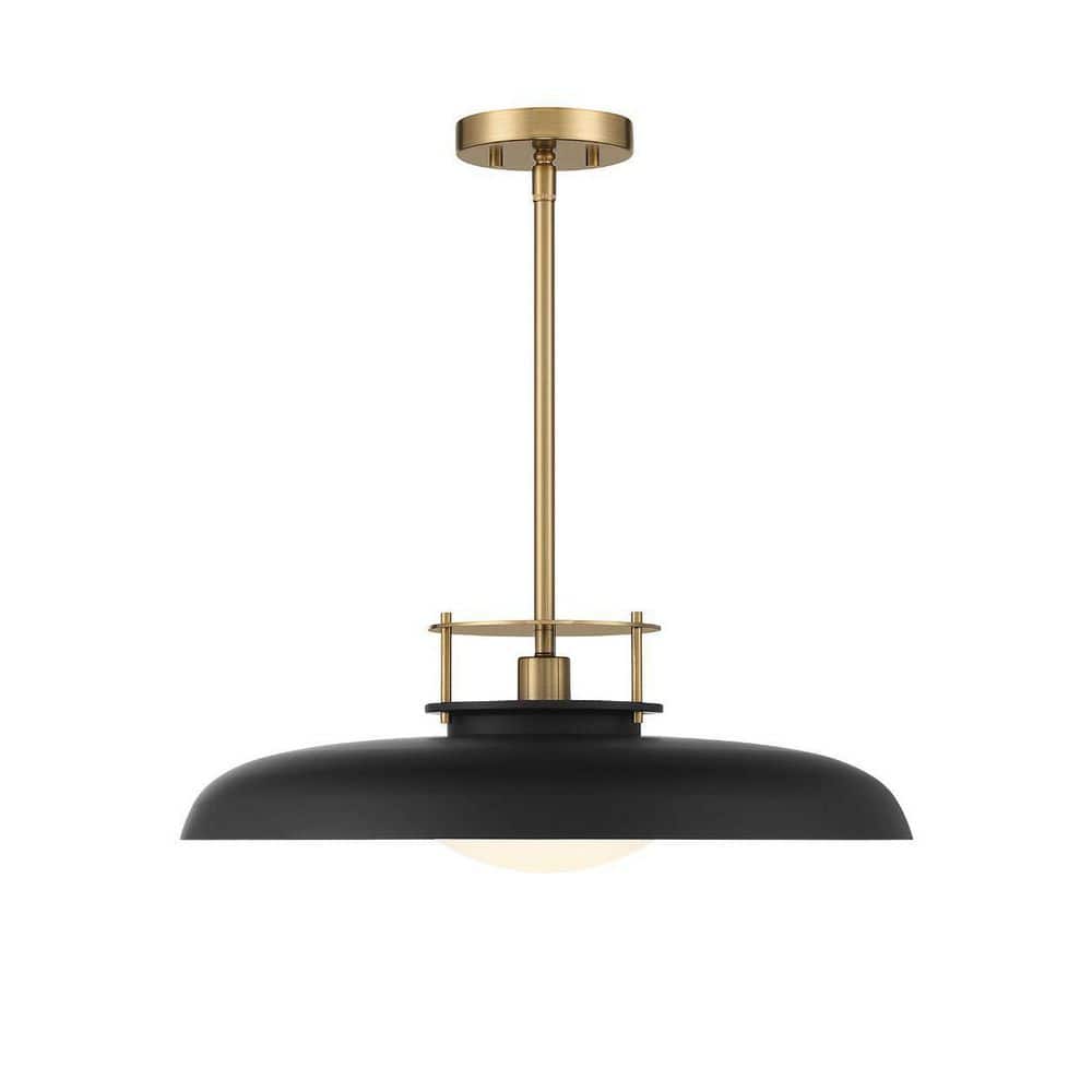 Matte Black and Warm Brass Vintage Pendant Light with Opal Glass Shade
