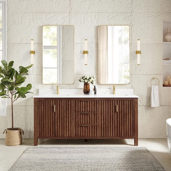 Shenzhen 72 in.W x 22 in.D x 33.9 in.D Double Bath Vanity in Aged Dark Brown Oak with White Engineered Stone Top