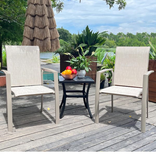 Cream Metal Stackable Outdoor Lounge Chair, Dining Chairs Set of 2