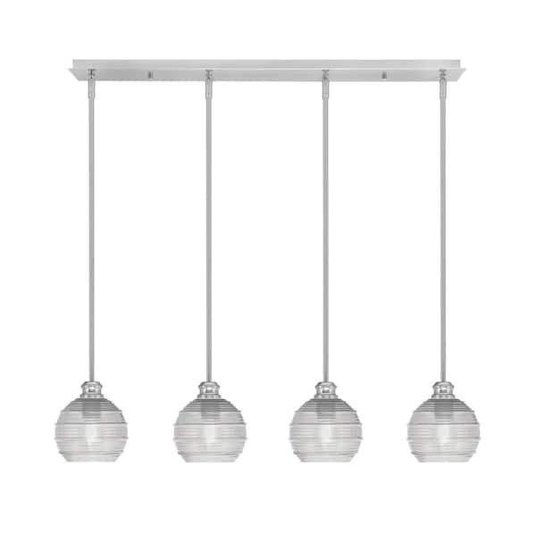 Unbranded Albany 60-Watt 4-Light Brushed Nickel Linear Pendant Light with Clear Ribbed Glass Shades and No Bulbs Included