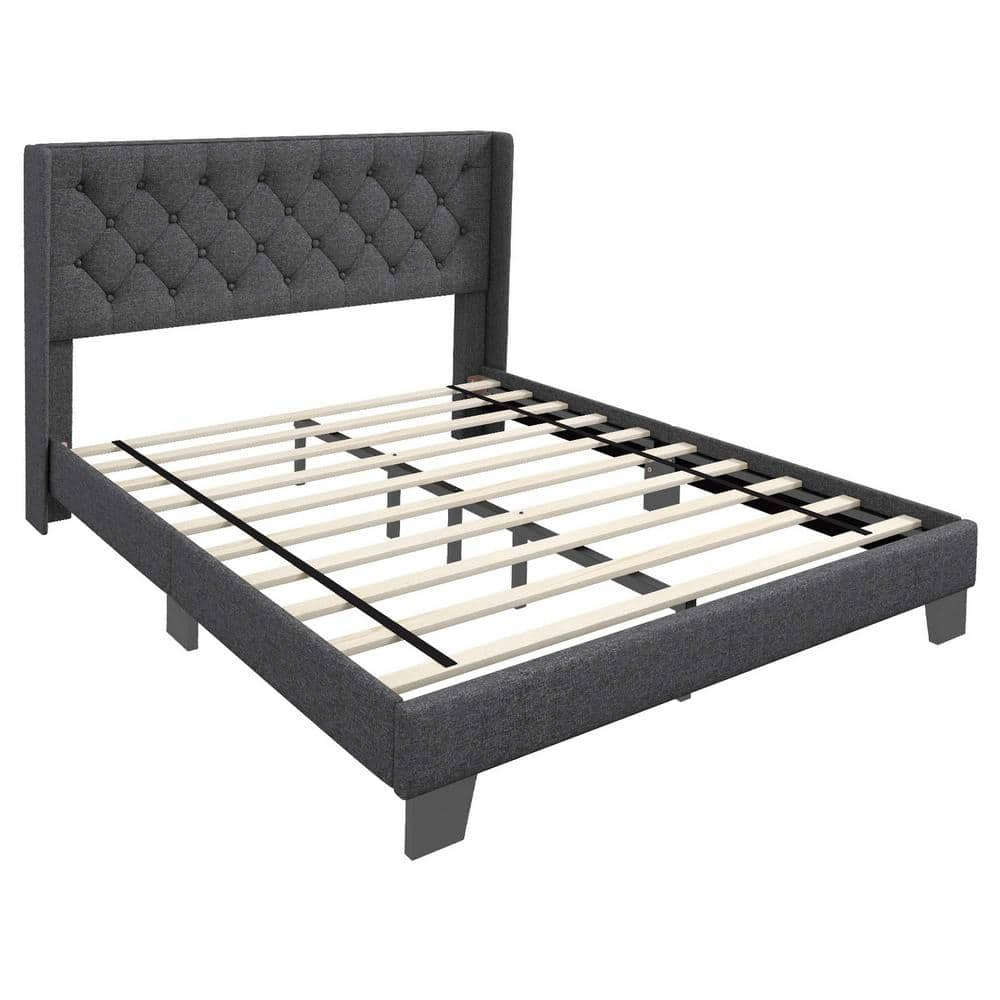 Costway Gray Wood Frame Full Size Upholstered Platform Bed Tufted ...