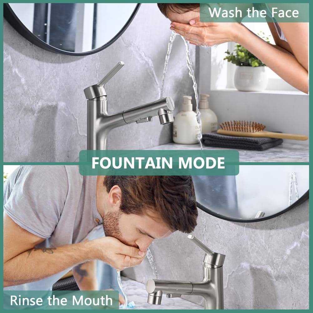 Brushed Nickel Single Handle Bathroom Faucet with Pull-Out Sprayer