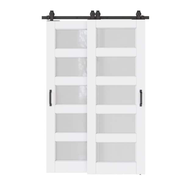 ARK DESIGN 52 in. x 80 in. (Double 30 in. ) 5 Lite Frosted Glass White Primed MDF Interior Sliding Door with Hardware Kit Bypass