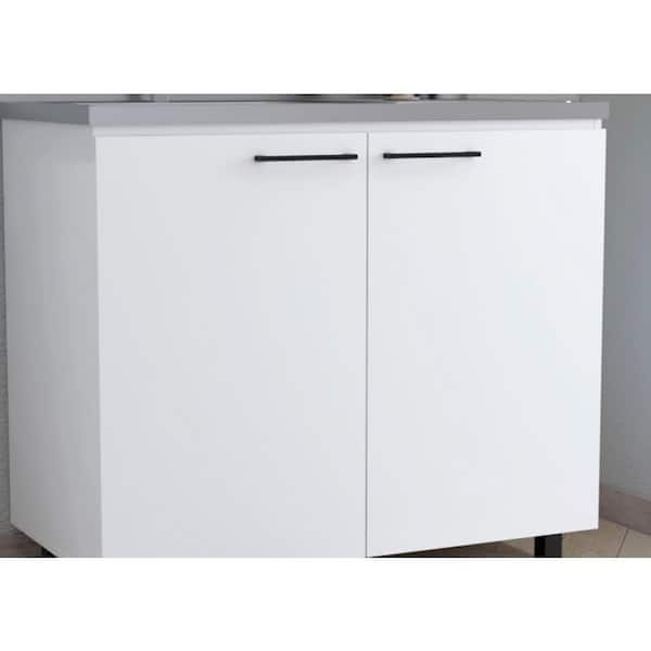Adrinfly 39.40 in. D x 20.70 in. W Undermount Stainless Steel White Utility Sink with 2-Doors, 2-Shelves and Large Countertop