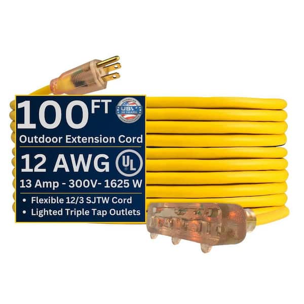 US Wire and Cable USW 100 ft. 12/3 Yellow Triple Tap Extension Cord with Lighted Plug